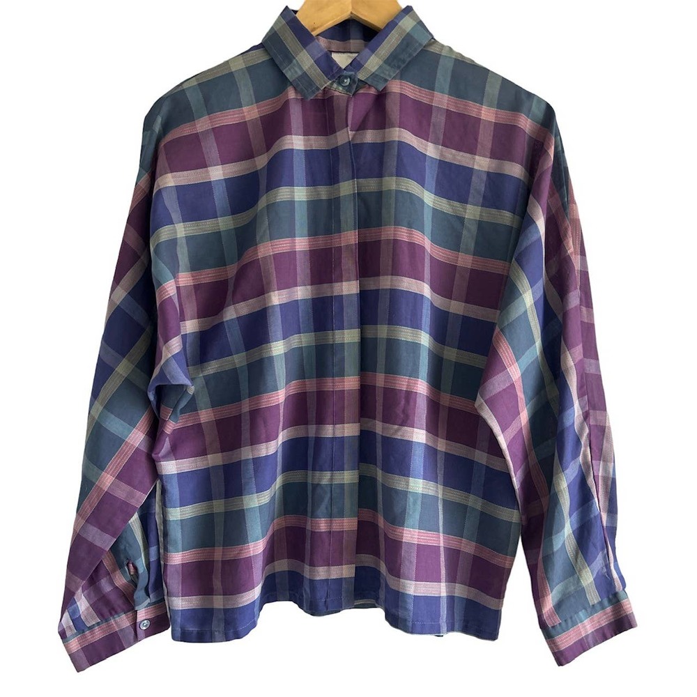 New Fashion Creation Vintage Size 16 Button Up Dolman Sleeve Plaid Shirt